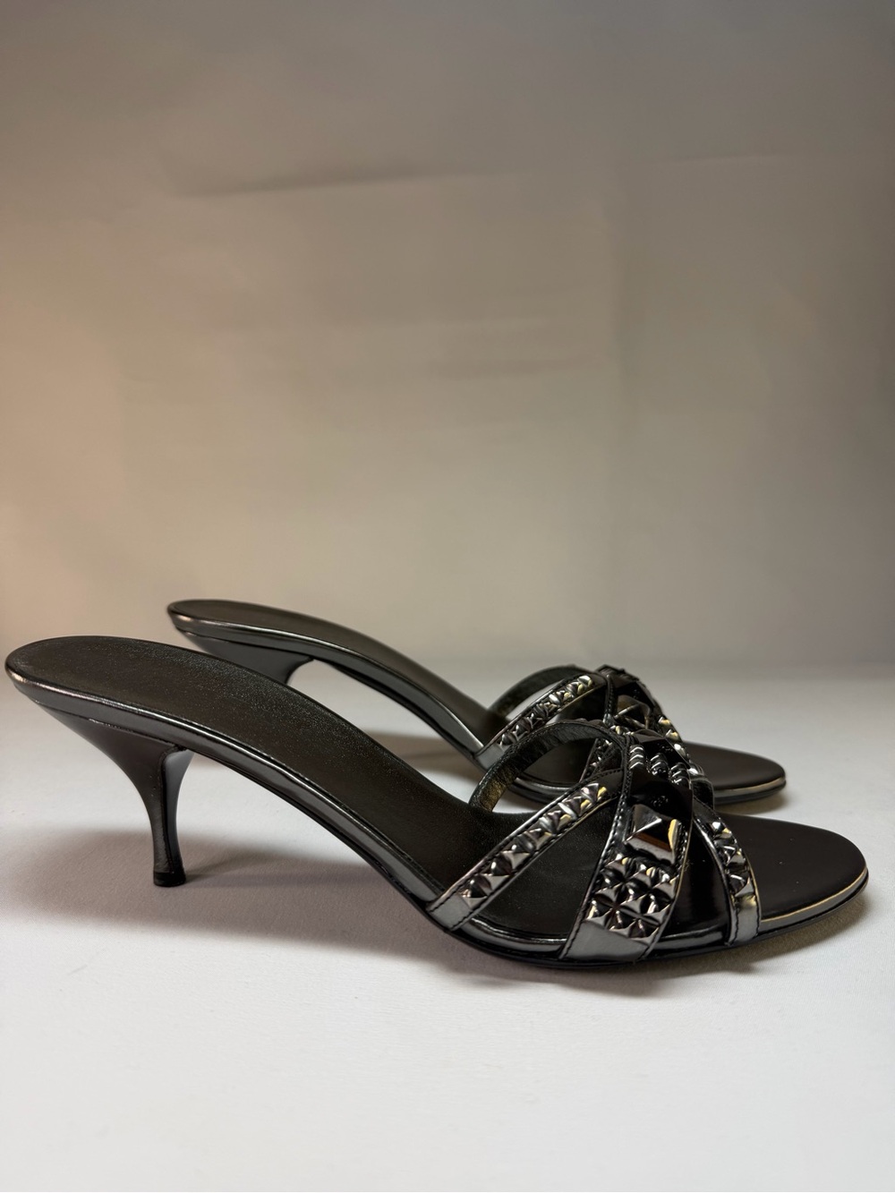 Prada Lame Ricamo Antracite Embellished Mule Sandals Size 38.5